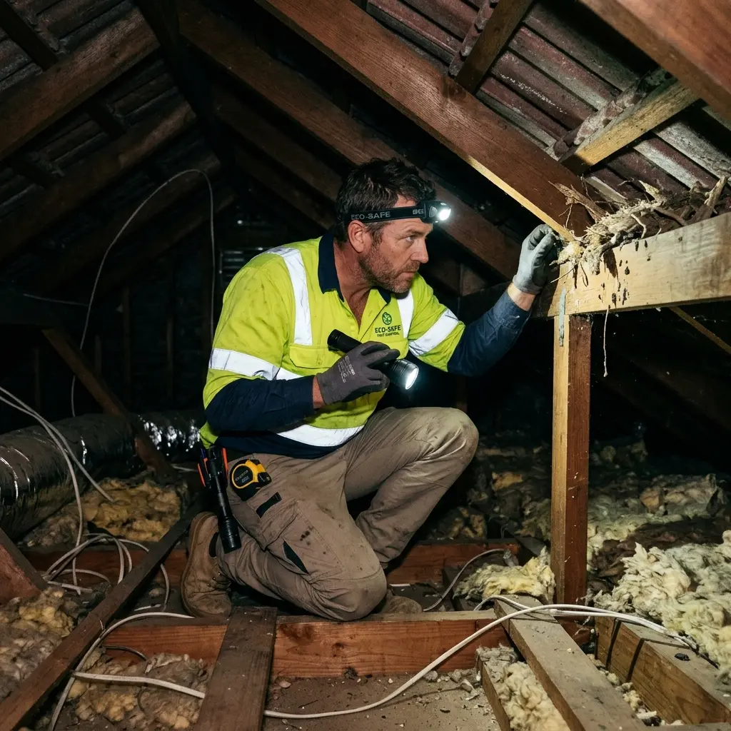 Technician inspecting a roof cavity for a dead animal in Clifton Springs