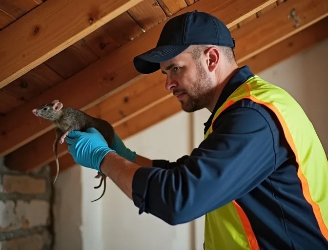 Technician inspecting a roof cavity for a dead rat in Clifton Springs